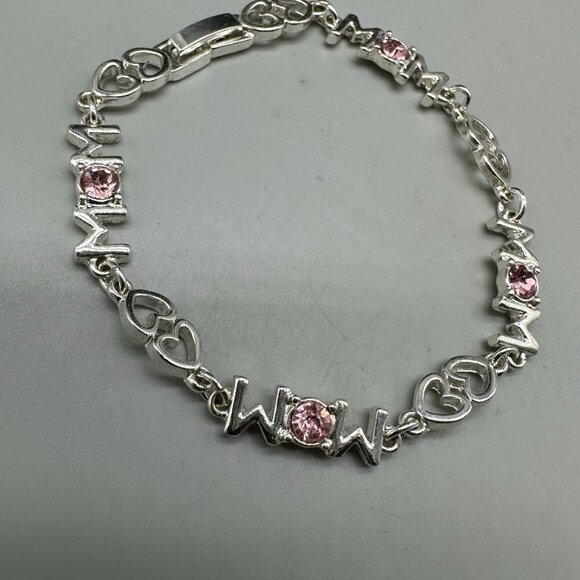 3/$30 Mom Bracelet Pink Rhinestone Heart Link Silver Gift Jewelry for Her 7" - Picture 6 of 12